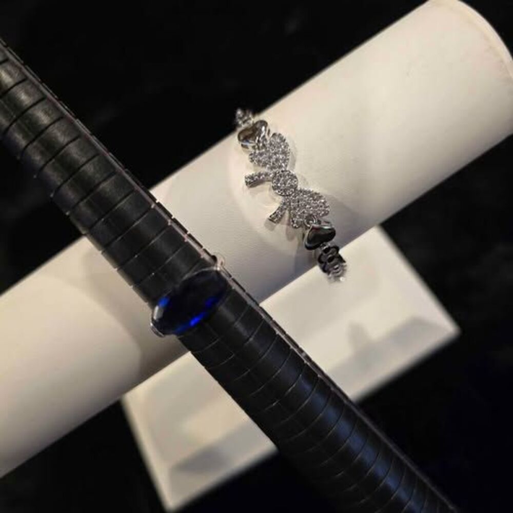 Silver-Toned Bow and Heart Bracelet with Sz 6 Blue Gemstone Ring